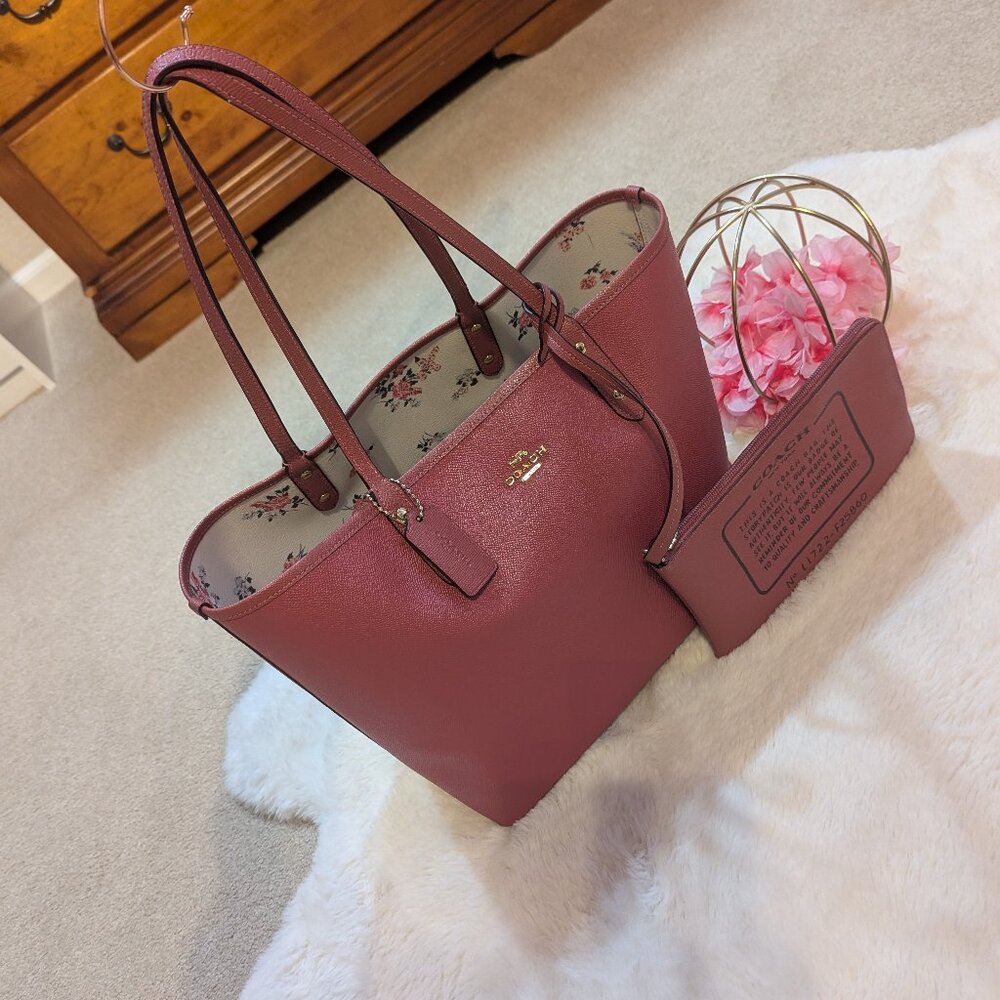 Coach Pink and Floral Reversible City Tote with Pouch and Tag